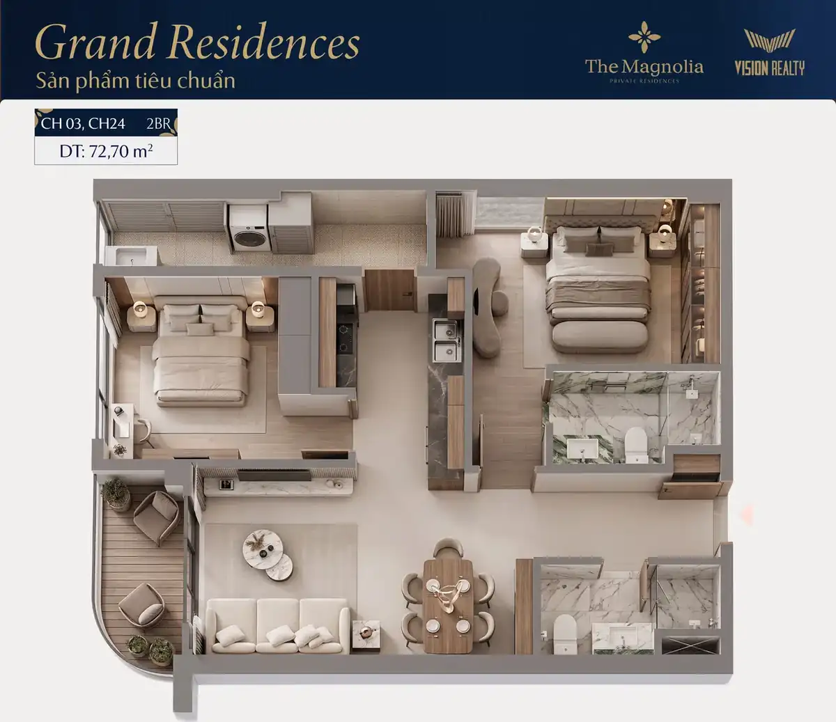 Ảnh 3D căn hộ 2BR CH03 The Magnolia