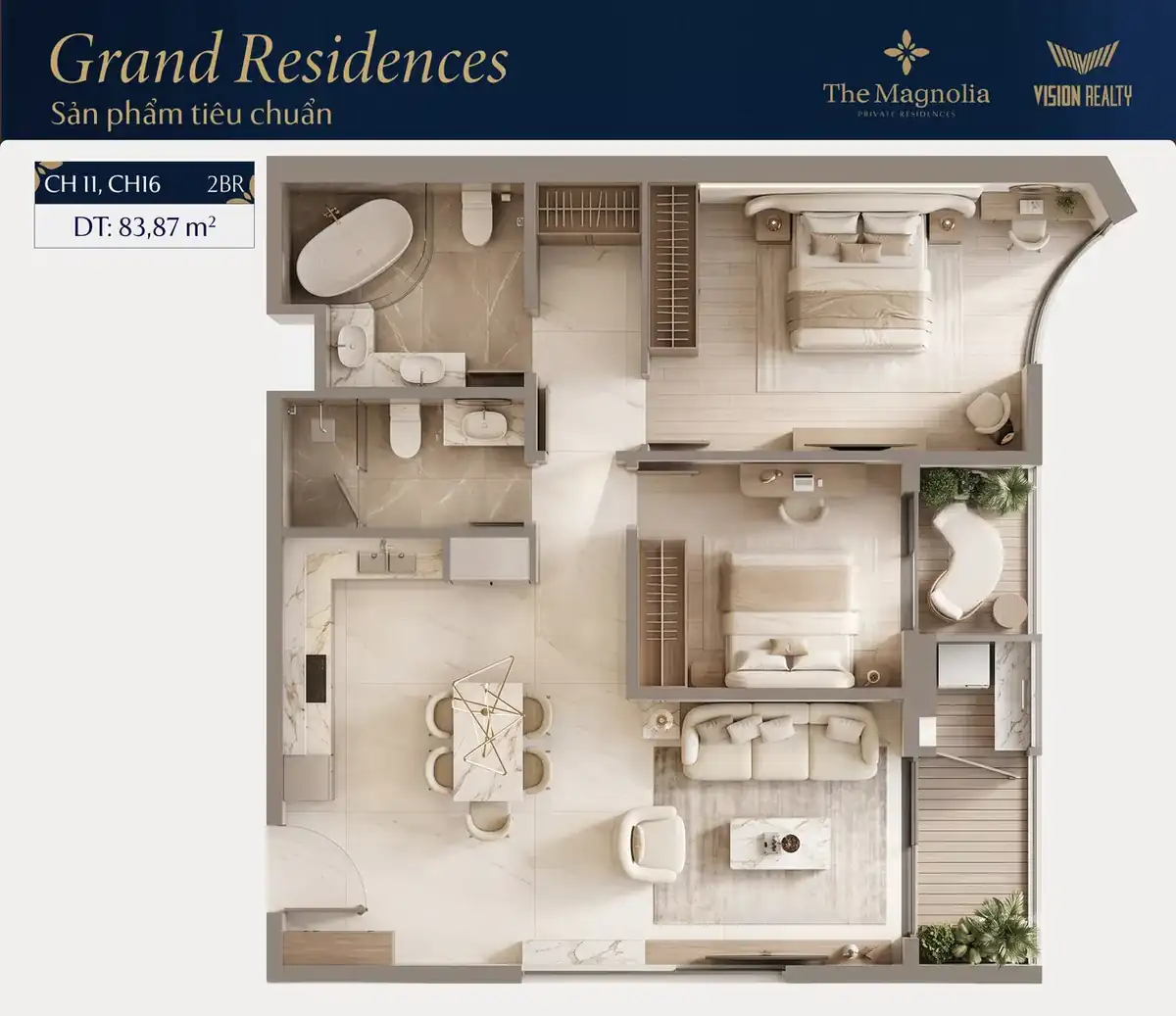 Ảnh 3D căn hộ 2BR CH11 The Magnolia