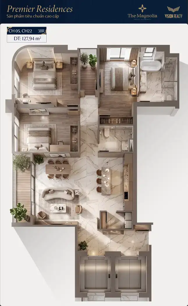 Ảnh 3D căn hộ 3BR-L CH05 The Magnolia