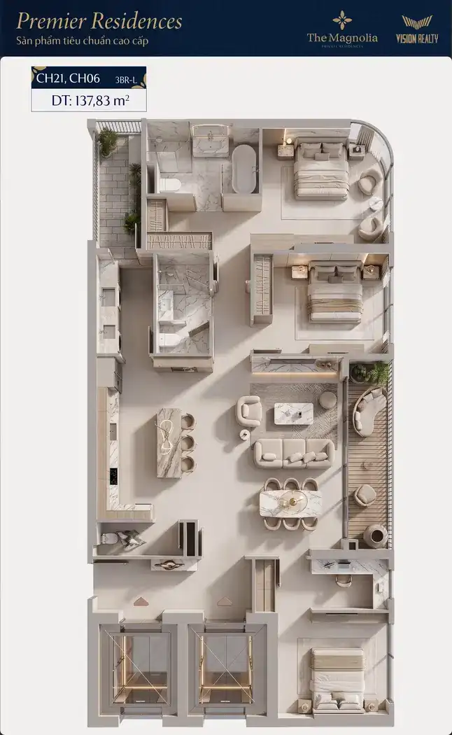 Ảnh 3D căn hộ 3BR-L CH06 CH21 The Magnolia