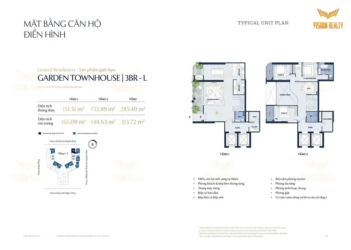 Bố trí căn nhà vườn 3BR-L The Magnolia